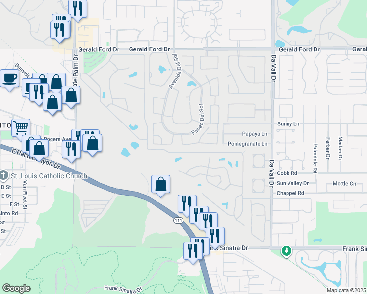 map of restaurants, bars, coffee shops, grocery stores, and more near 69533 Camino Buenavida in Cathedral City