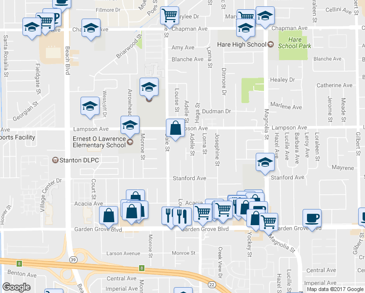 map of restaurants, bars, coffee shops, grocery stores, and more near 12581 Louise Circle in Garden Grove