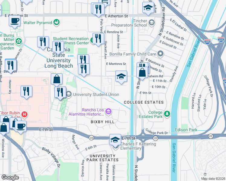 map of restaurants, bars, coffee shops, grocery stores, and more near 1014 Palo Verde Avenue in Long Beach
