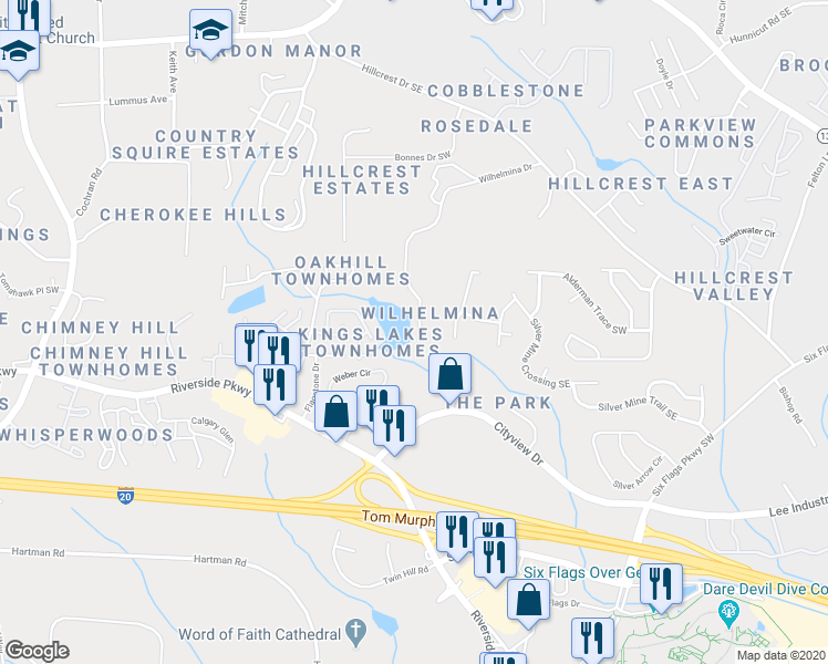 map of restaurants, bars, coffee shops, grocery stores, and more near 194 Wilhelmina Drive in Austell