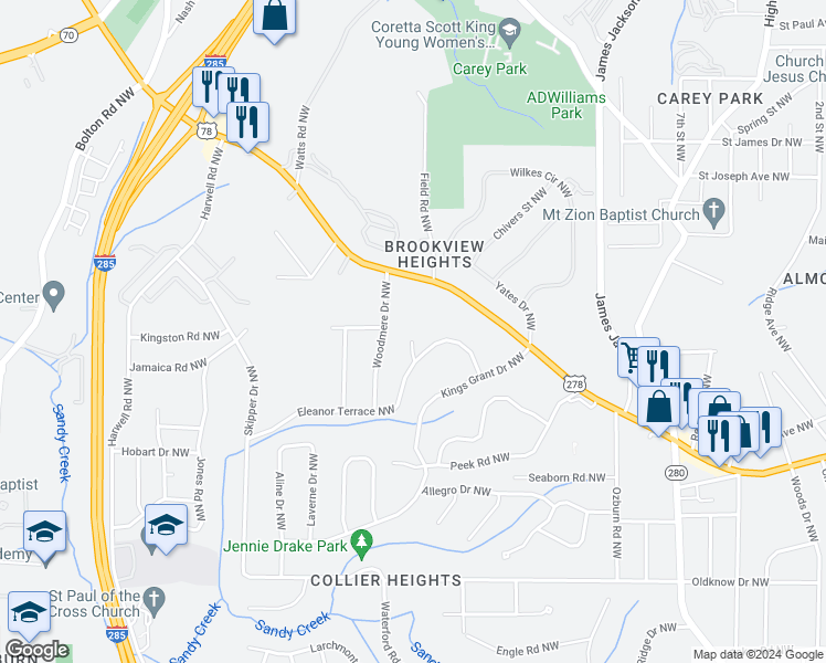 map of restaurants, bars, coffee shops, grocery stores, and more near 875 Eleanor Court Northwest in Atlanta