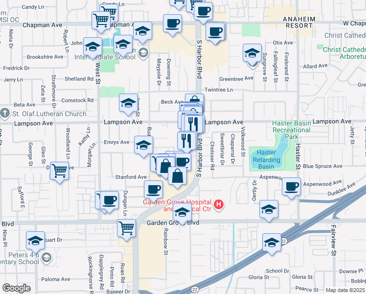 map of restaurants, bars, coffee shops, grocery stores, and more near 12681 Harbor Boulevard in Garden Grove