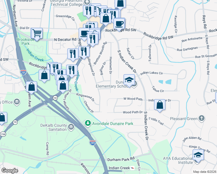 map of restaurants, bars, coffee shops, grocery stores, and more near 3838 Danbury Lane in Decatur
