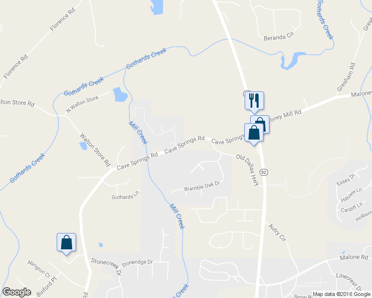 map of restaurants, bars, coffee shops, grocery stores, and more near 5571 Cave Springs Rd in Douglasville