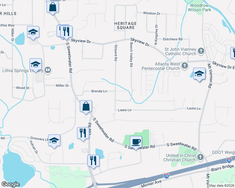 map of restaurants, bars, coffee shops, grocery stores, and more near 2289 Brenda Lane in Lithia Springs