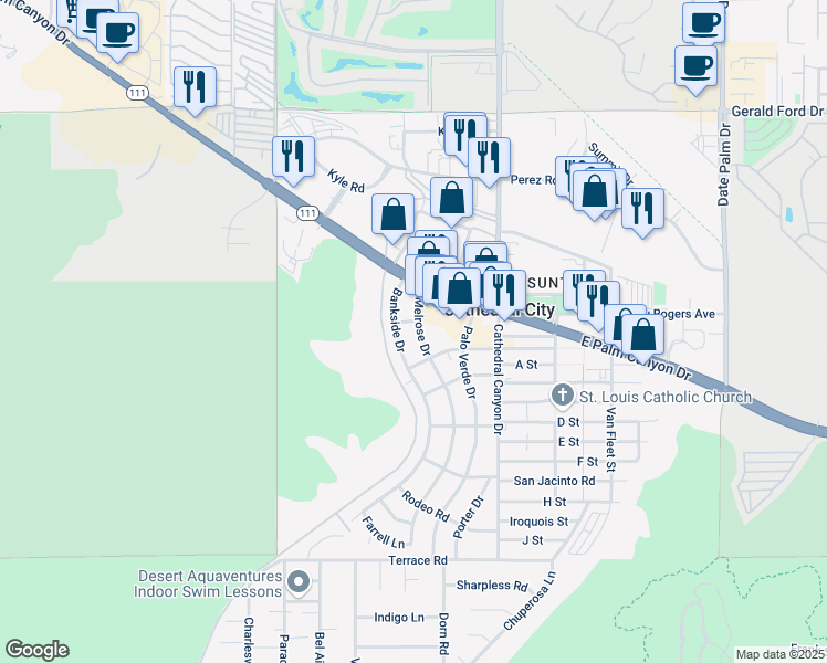 map of restaurants, bars, coffee shops, grocery stores, and more near 36951 Melrose Drive in Cathedral City