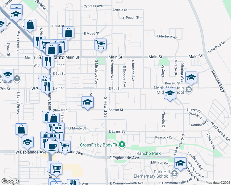 map of restaurants, bars, coffee shops, grocery stores, and more near Jessica Way & Carmen Drive in San Jacinto