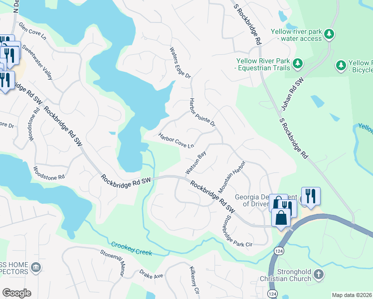 map of restaurants, bars, coffee shops, grocery stores, and more near 7417 Harbor Cove Lane in Stone Mountain