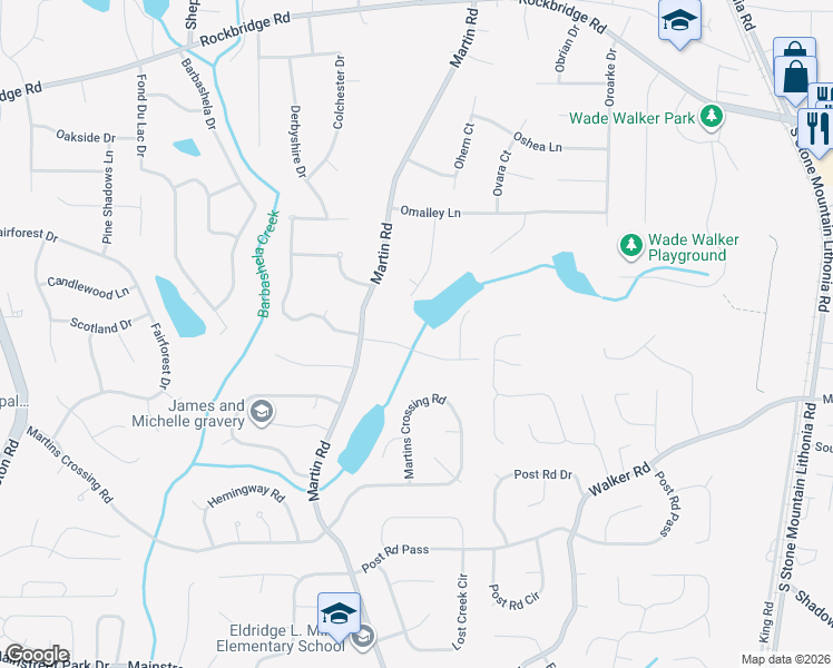 map of restaurants, bars, coffee shops, grocery stores, and more near 5182 Selene Drive in Stone Mountain