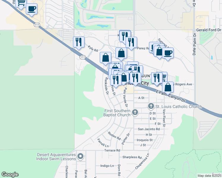 map of restaurants, bars, coffee shops, grocery stores, and more near 36951 Melrose Drive in Cathedral City