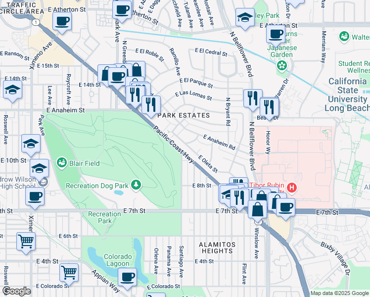 map of restaurants, bars, coffee shops, grocery stores, and more near 5432 East Oleta Street in Long Beach