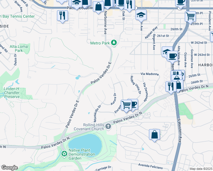 map of restaurants, bars, coffee shops, grocery stores, and more near 9 Lantana Place in Rolling Hills Estates