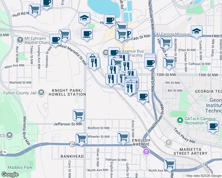 map of restaurants, bars, coffee shops, grocery stores, and more near 788 West Marietta Street Northwest in Atlanta