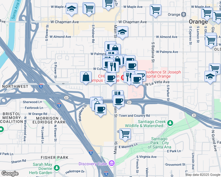 map of restaurants, bars, coffee shops, grocery stores, and more near 500 South Main Street in Orange