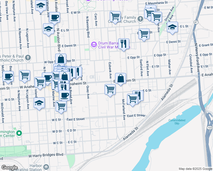 map of restaurants, bars, coffee shops, grocery stores, and more near 620 East Anaheim Street in Los Angeles