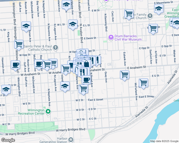 map of restaurants, bars, coffee shops, grocery stores, and more near 126 East Anaheim Street in Los Angeles