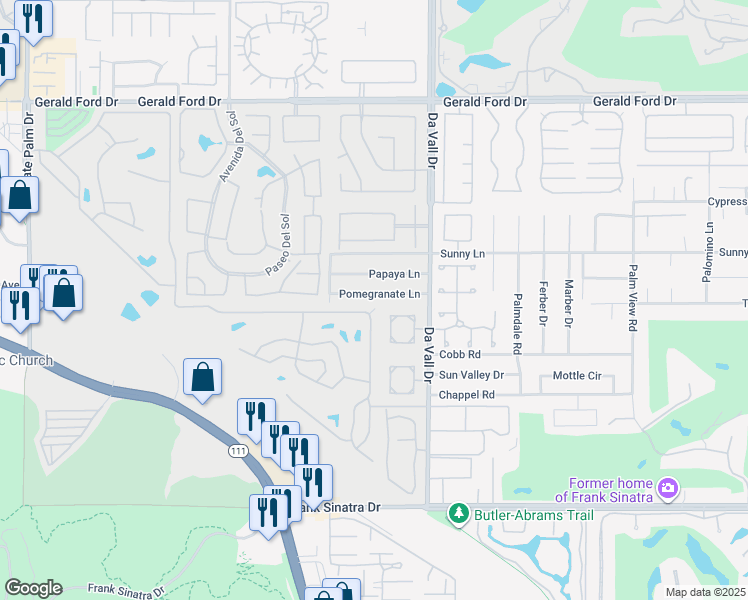 map of restaurants, bars, coffee shops, grocery stores, and more near 69859 Pomegranate Lane in Cathedral City
