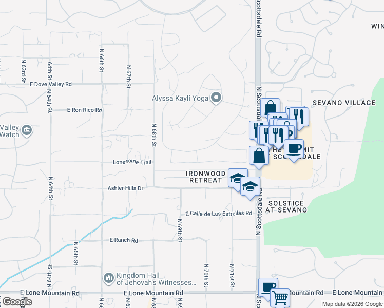 map of restaurants, bars, coffee shops, grocery stores, and more near 6935 East Thirsty Cactus Lane in Scottsdale