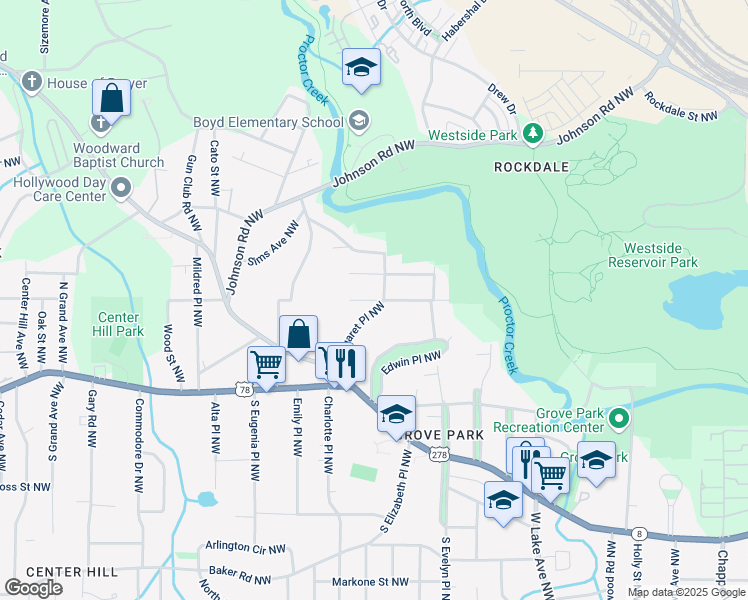 map of restaurants, bars, coffee shops, grocery stores, and more near Newman Place Northwest in Atlanta