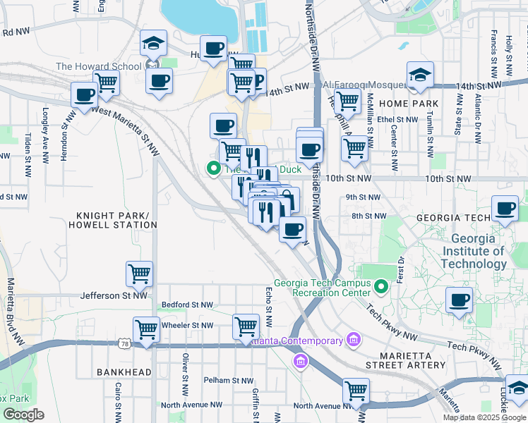 map of restaurants, bars, coffee shops, grocery stores, and more near 914 Howell Mill Road Northwest in Atlanta