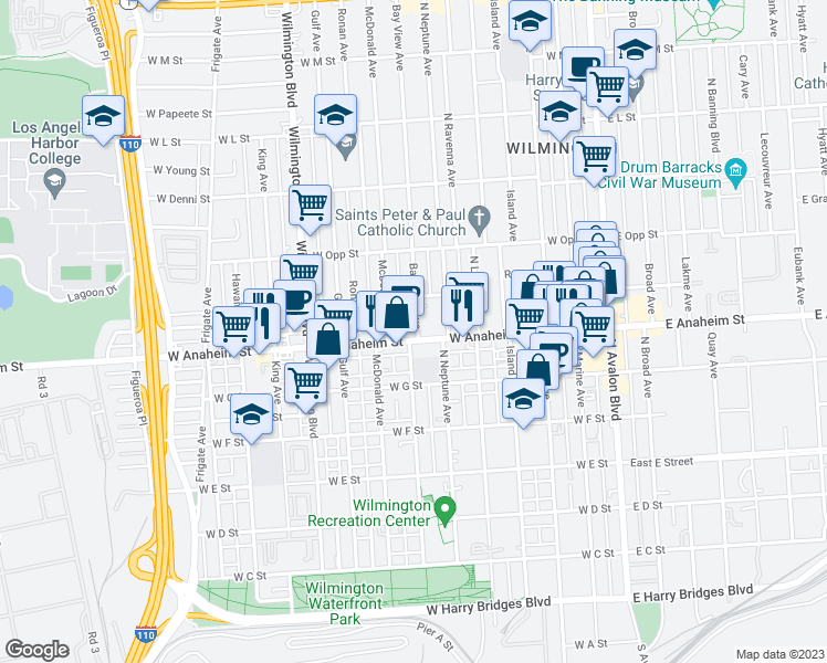 map of restaurants, bars, coffee shops, grocery stores, and more near 703 West Anaheim Street in Los Angeles