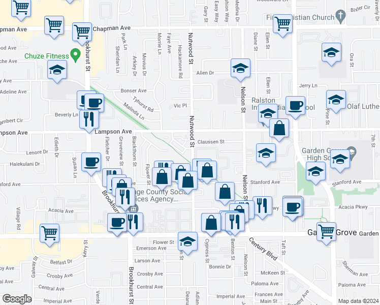 map of restaurants, bars, coffee shops, grocery stores, and more near 12605 Kensington Lane in Garden Grove