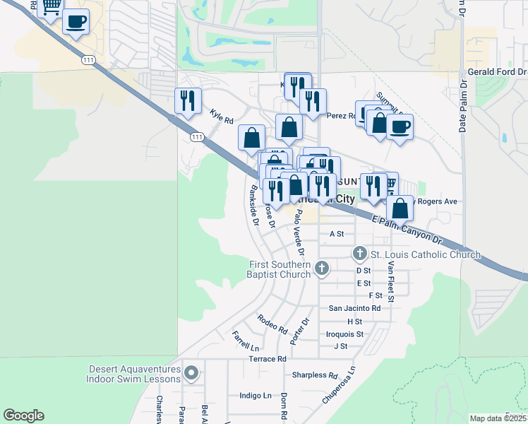 map of restaurants, bars, coffee shops, grocery stores, and more near 36949 Melrose Drive in Cathedral City