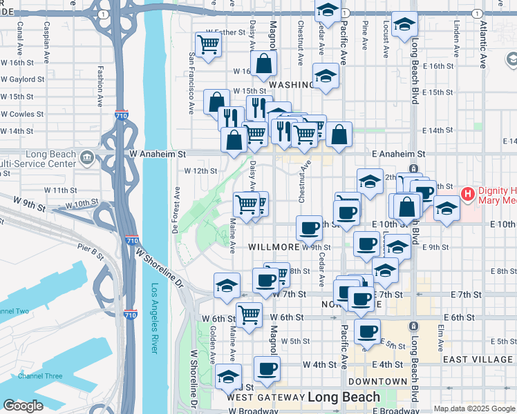map of restaurants, bars, coffee shops, grocery stores, and more near 1044 Daisy Avenue in Long Beach