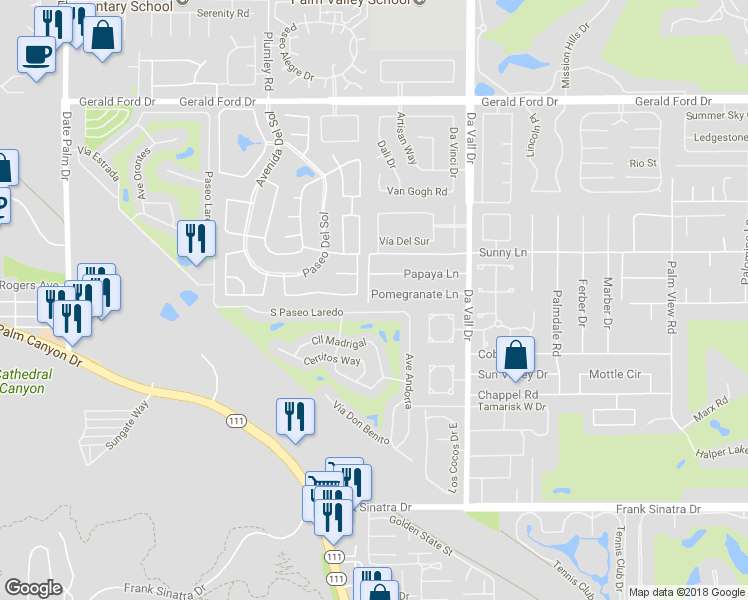 map of restaurants, bars, coffee shops, grocery stores, and more near 69775 Pomegranate Lane in Cathedral City