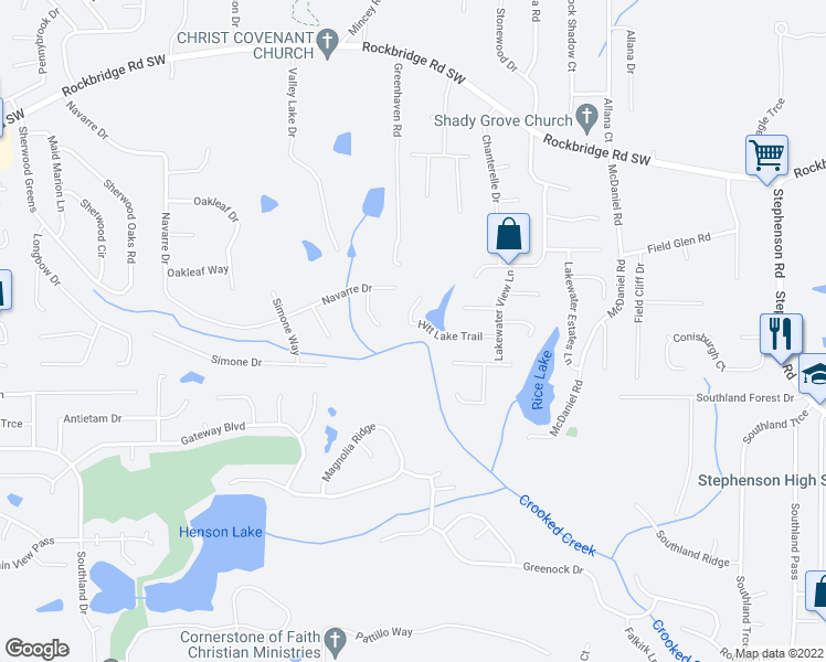 map of restaurants, bars, coffee shops, grocery stores, and more near 6003 Hitt Lake Trail in Stone Mountain