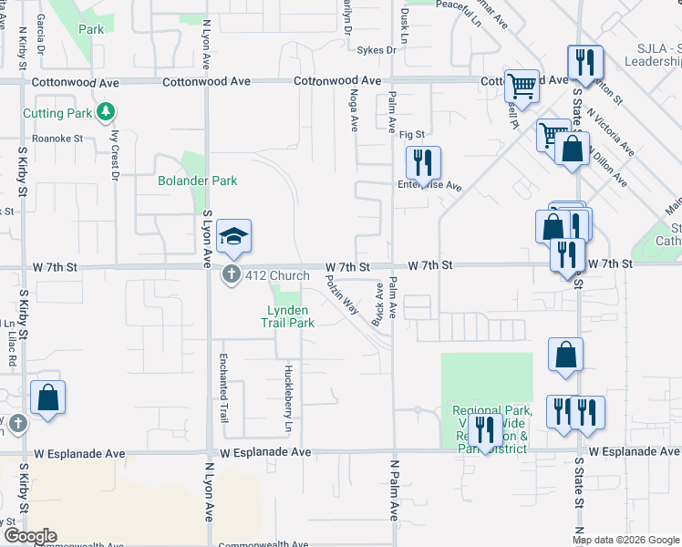 map of restaurants, bars, coffee shops, grocery stores, and more near 1259 Pardee Street in San Jacinto