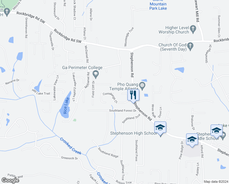 map of restaurants, bars, coffee shops, grocery stores, and more near 721 Conisburgh Court in Stone Mountain