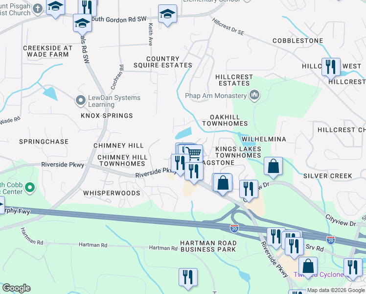 map of restaurants, bars, coffee shops, grocery stores, and more near 360 6 Flags Drive in Austell
