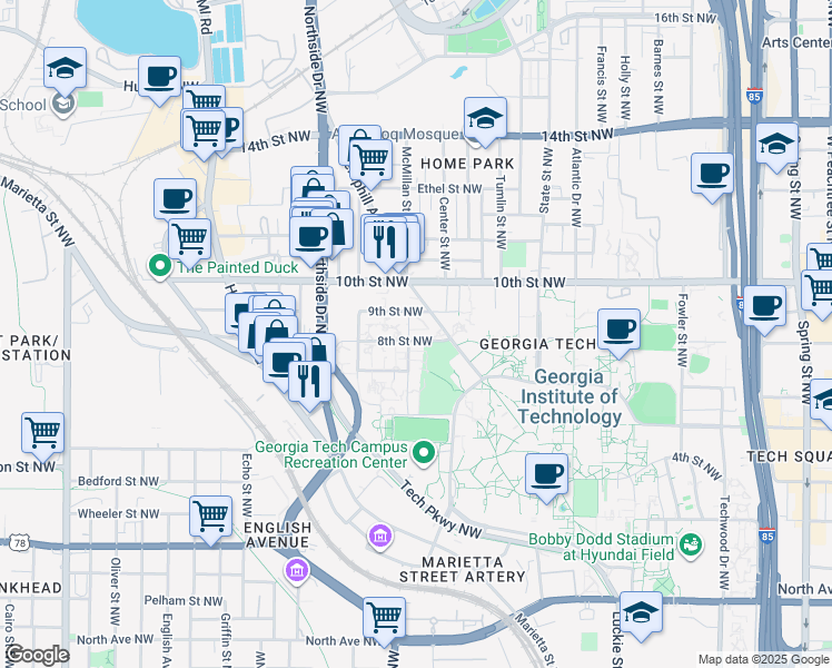 map of restaurants, bars, coffee shops, grocery stores, and more near 491 8th Street Northwest in Atlanta