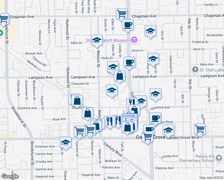 map of restaurants, bars, coffee shops, grocery stores, and more near 10851 Stanford Avenue in Garden Grove