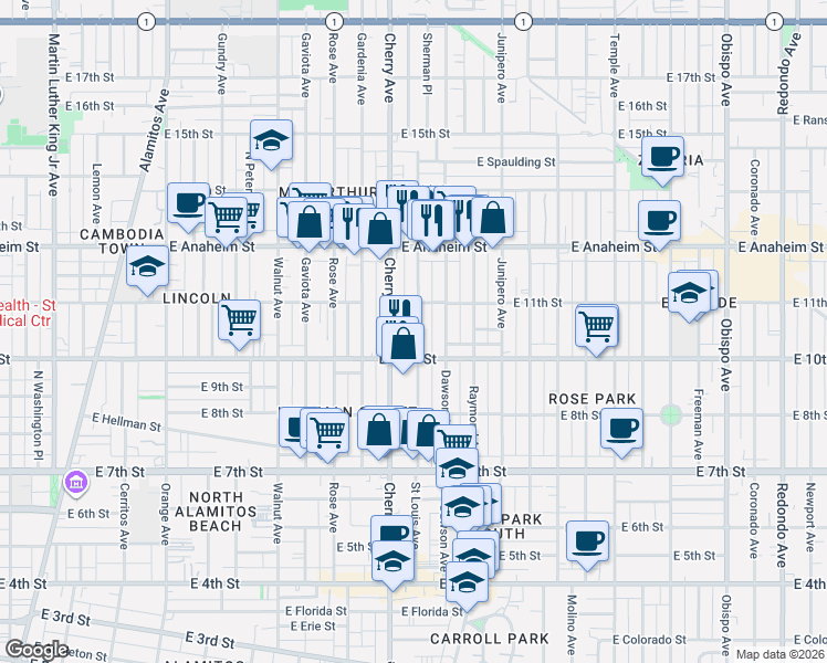 map of restaurants, bars, coffee shops, grocery stores, and more near 1045 Saint Louis Avenue in Long Beach