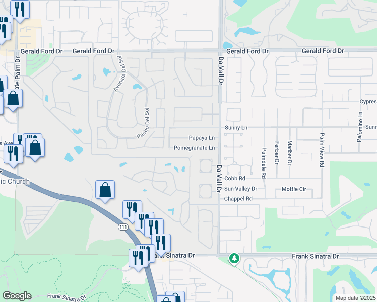 map of restaurants, bars, coffee shops, grocery stores, and more near 69859 Pomegranate Lane in Cathedral City