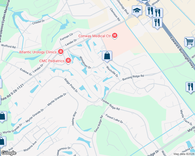 map of restaurants, bars, coffee shops, grocery stores, and more near 129 Cart Crossing Drive in Conway