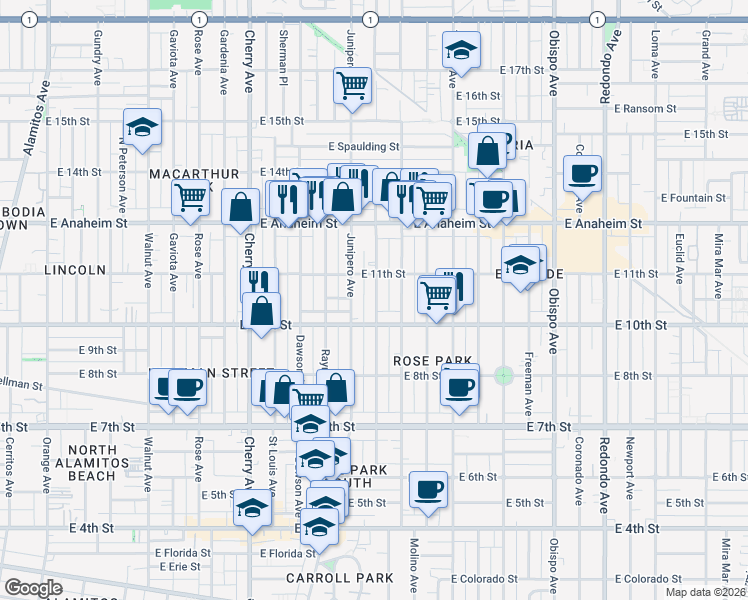map of restaurants, bars, coffee shops, grocery stores, and more near 1045 Stanley Avenue in Long Beach