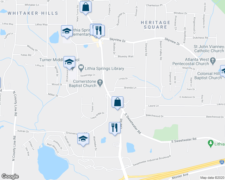 map of restaurants, bars, coffee shops, grocery stores, and more near 7181 Linda Drive in Lithia Springs