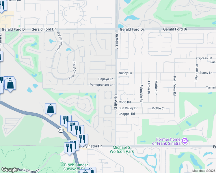 map of restaurants, bars, coffee shops, grocery stores, and more near 69951 Pomegranate Lane in Cathedral City
