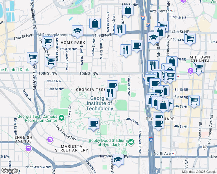 map of restaurants, bars, coffee shops, grocery stores, and more near 901 Atlantic Drive Northwest in Atlanta