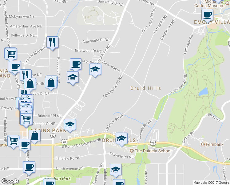map of restaurants, bars, coffee shops, grocery stores, and more near 941 Springdale Road Northeast in Atlanta