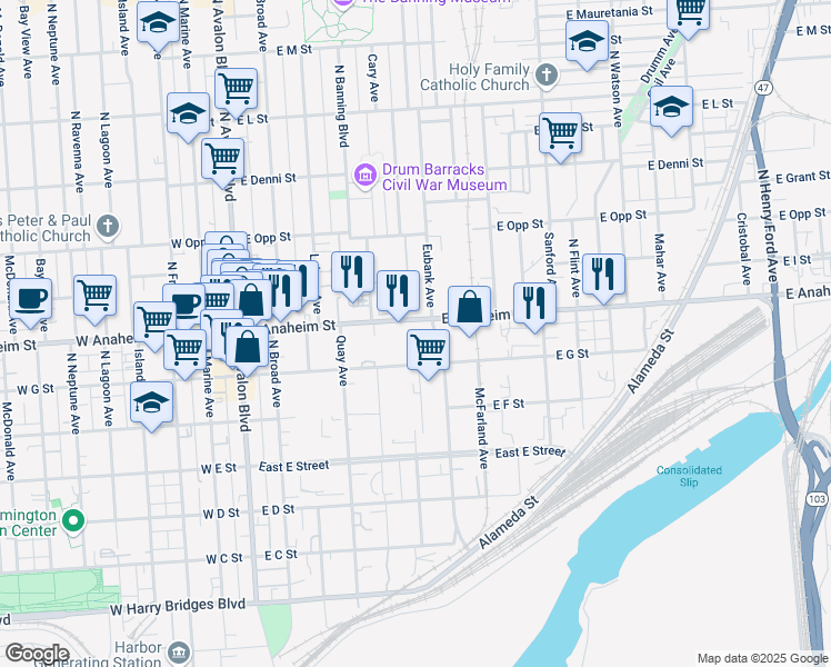 map of restaurants, bars, coffee shops, grocery stores, and more near 620 E Anaheim St in Wilmington