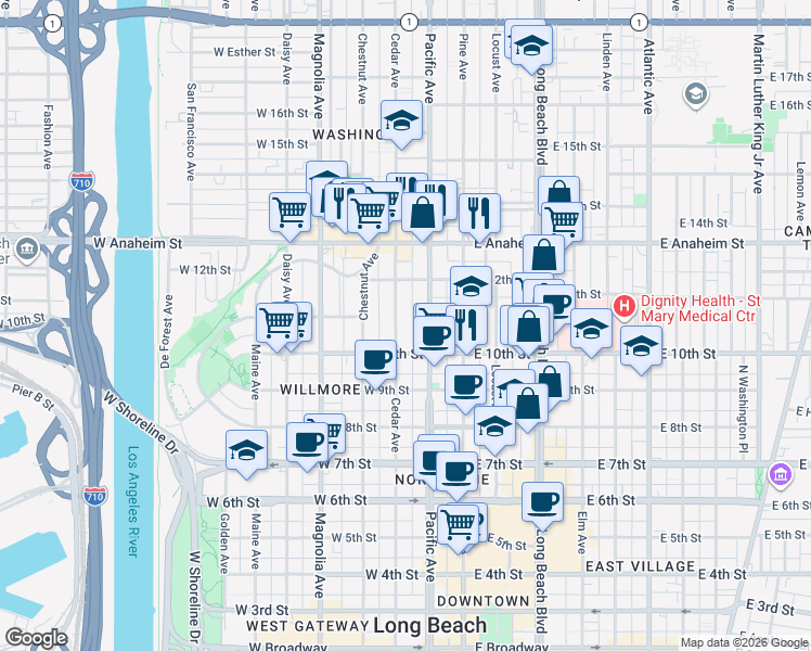 map of restaurants, bars, coffee shops, grocery stores, and more near 1044 Cedar Avenue in Long Beach