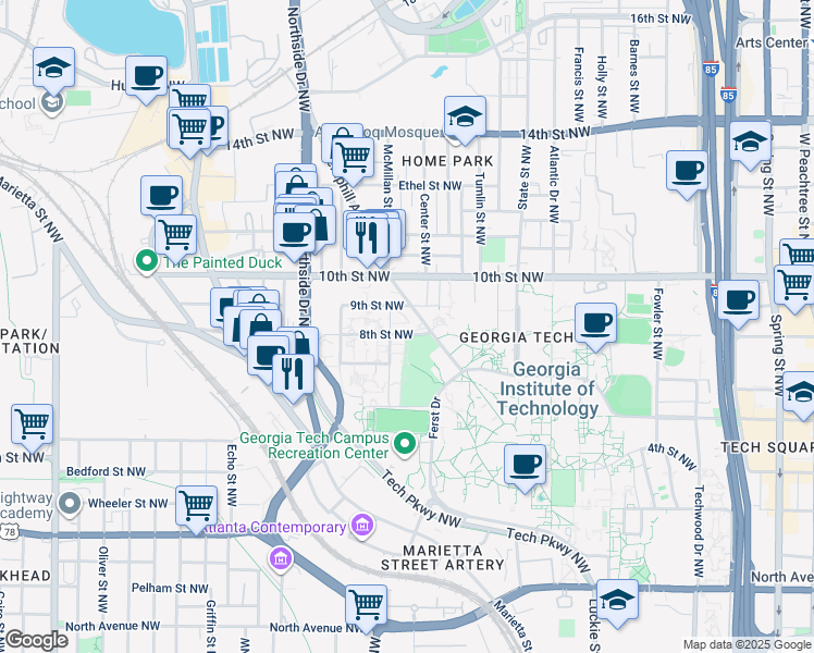 map of restaurants, bars, coffee shops, grocery stores, and more near 491 8th Street Northwest in Atlanta