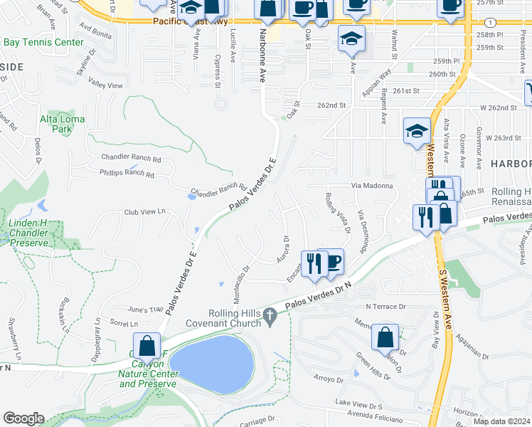 map of restaurants, bars, coffee shops, grocery stores, and more near 9 Lantana Place in Rolling Hills Estates