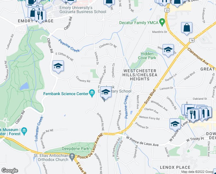 map of restaurants, bars, coffee shops, grocery stores, and more near 1836 Dyson Drive in Decatur