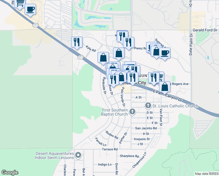 map of restaurants, bars, coffee shops, grocery stores, and more near 36982 Bankside Drive in Cathedral City