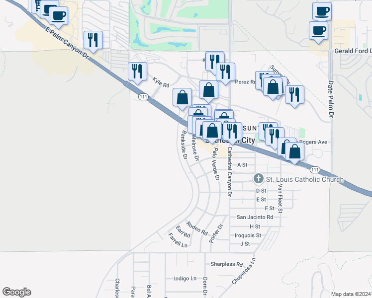 map of restaurants, bars, coffee shops, grocery stores, and more near 36982 Bankside Drive in Cathedral City